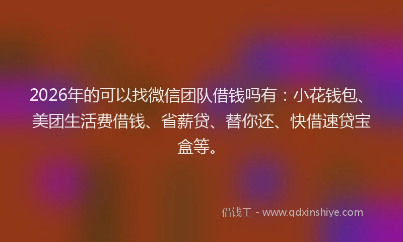 2026年的可以找微信团队借钱吗有：小花钱包、美团生活费借钱、省薪贷、替你还、快借速贷宝盒等。