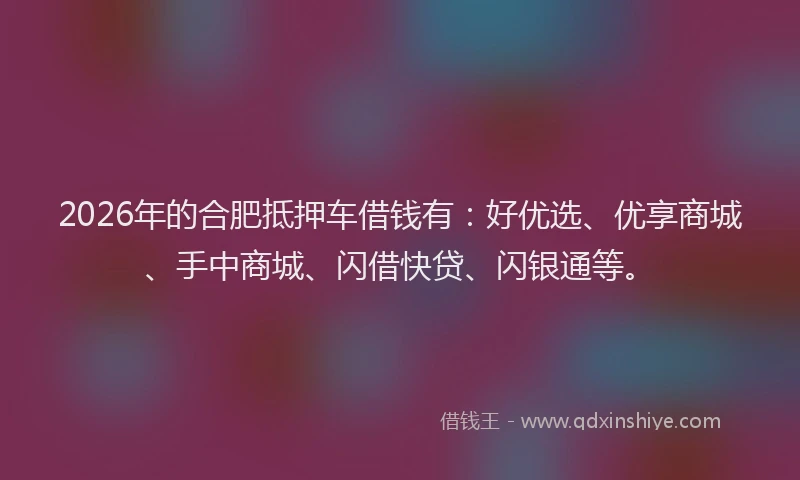 2026年的合肥抵押车借钱有:好优选、优享商城、手中商城、闪借快贷、闪银通等。