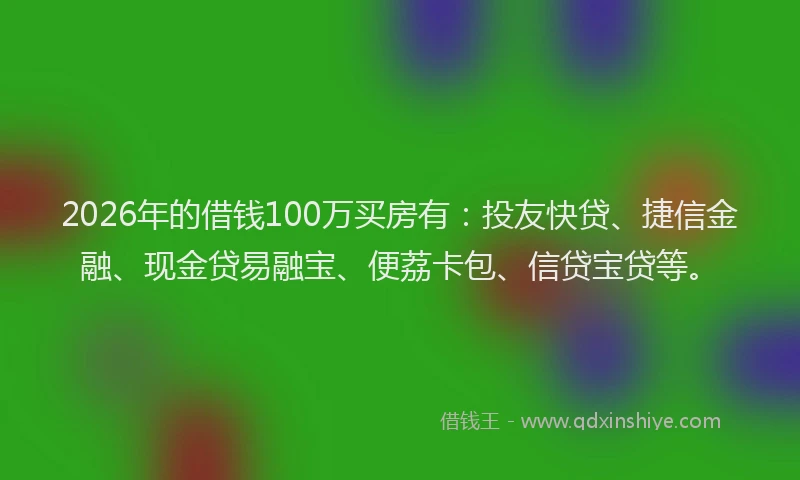 2026年的借钱100万买房有：投友快贷、捷信金融、现金贷易融宝、便荔卡包、信贷宝贷等。