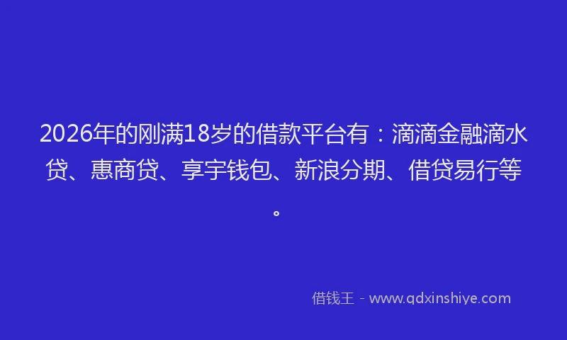 2026年的刚满18岁的借款平台有：滴滴金融滴水贷、惠商贷、享宇钱包、新浪分期、借贷易行等。