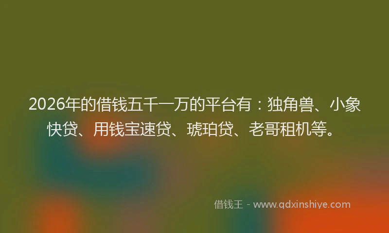 2026年的借钱五千一万的平台有:独角兽、小象快贷、用钱宝速贷、琥珀贷、老哥租机等。