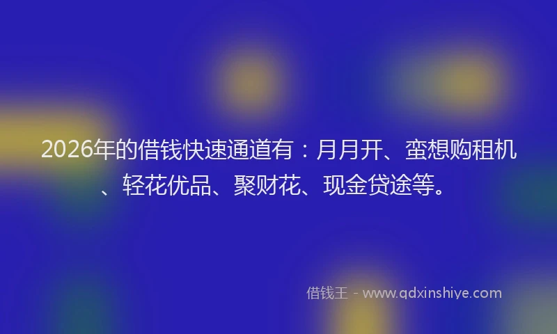 2026年的借钱快速通道有：月月开、蛮想购租机、轻花优品、聚财花、现金贷途等。