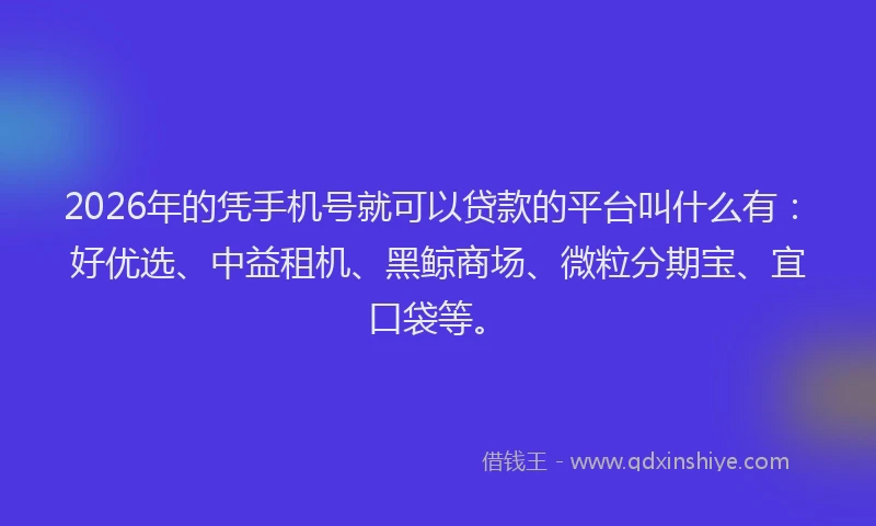 2026年的凭手机号就可以贷款的平台叫什么有:好优选、中益租机、黑鲸商场、微粒分期宝、宜口袋等。