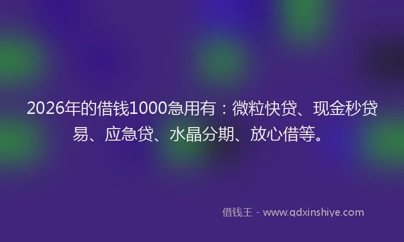 2026年的借钱1000急用有：微粒快贷、现金秒贷易、应急贷、水晶分期、放心借等。