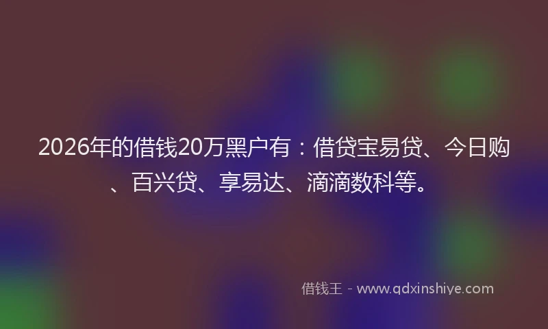 2026年的借钱20万黑户有:借贷宝易贷、今日购、百兴贷、享易达、滴滴数科等。