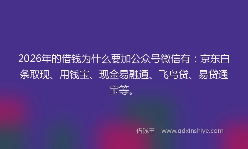 2026年的借钱为什么要加公众号微信有:京东白条取现、用钱宝、现金易融通、飞鸟贷、易贷通宝等。