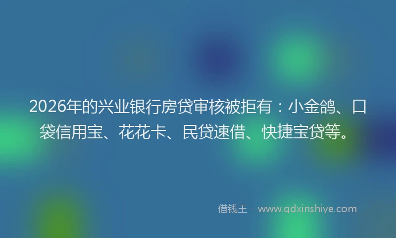 2026年的兴业银行房贷审核被拒有：小金鸽、口袋信用宝、花花卡、民贷速借、快捷宝贷等。