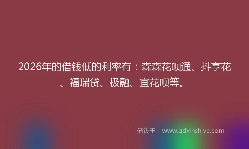 2026年的借钱低的利率有:森森花呗通、抖享花、福瑞贷、极融、宜花呗等。