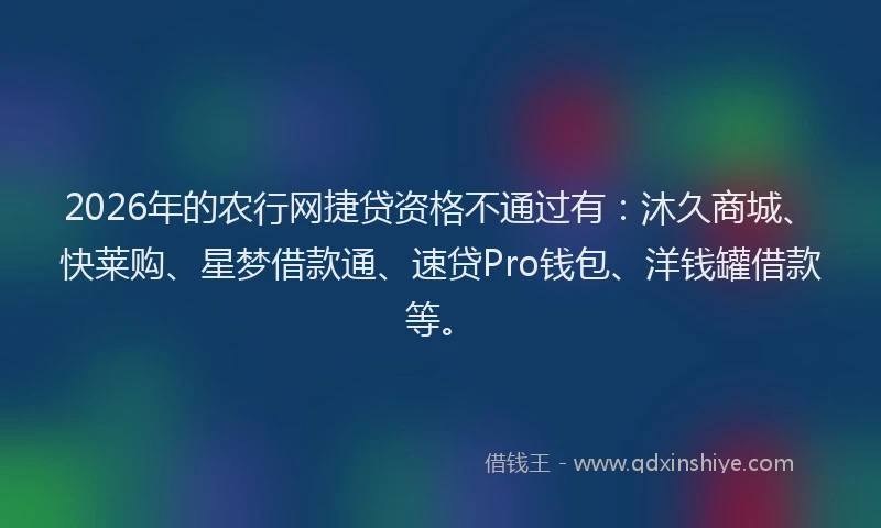 2026年的农行网捷贷资格不通过有：沐久商城、快莱购、星梦借款通、速贷Pro钱包、洋钱罐借款等。