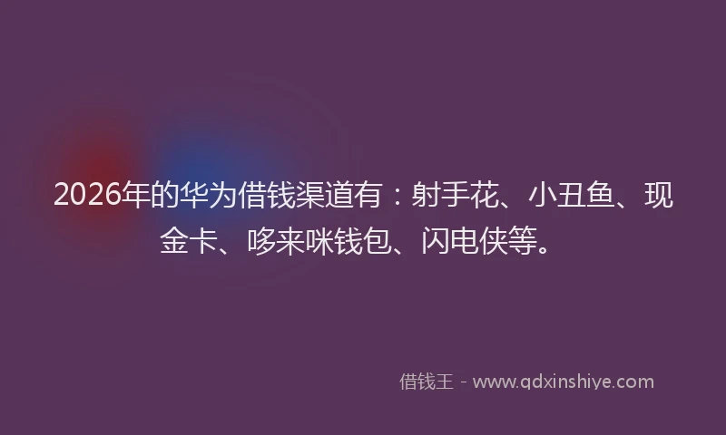 2026年的华为借钱渠道有：射手花、小丑鱼、现金卡、哆来咪钱包、闪电侠等。