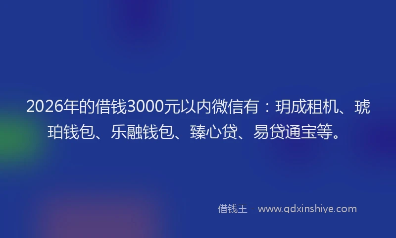 2026年的借钱3000元以内微信有:玥成租机、琥珀钱包、乐融钱包、臻心贷、易贷通宝等。