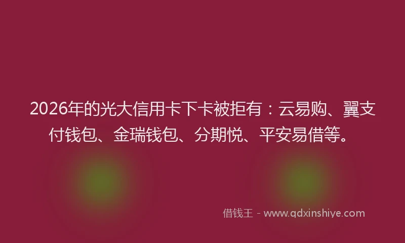 2026年的光大信用卡下卡被拒有：云易购、翼支付钱包、金瑞钱包、分期悦、平安易借等。