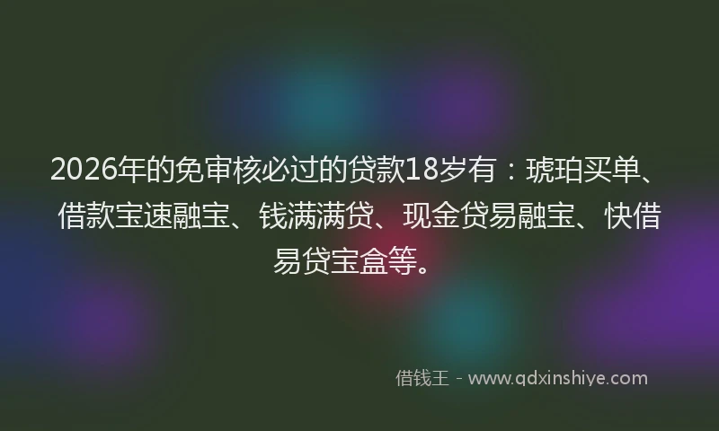 2026年的免审核必过的贷款18岁有：琥珀买单、借款宝速融宝、钱满满贷、现金贷易融宝、快借易贷宝盒等。
