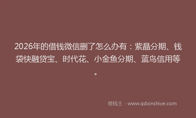 2026年的借钱微信删了怎么办有：紫晶分期、钱袋快融贷宝、时代花、小金鱼分期、蓝鸟信用等。