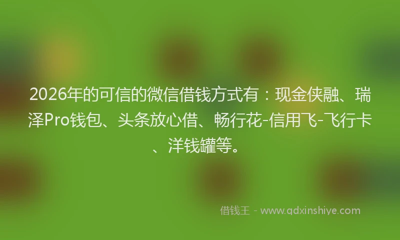 2026年的可信的微信借钱方式有:现金侠融、瑞泽Pro钱包、头条放心借、畅行花-信用飞-飞行卡、洋钱罐等。