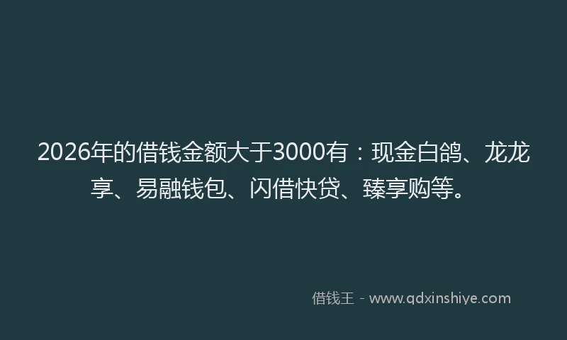 2026年的借钱金额大于3000有：现金白鸽、龙龙享、易融钱包、闪借快贷、臻享购等。