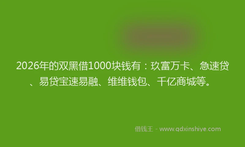 2026年的双黑借1000块钱有：玖富万卡、急速贷、易贷宝速易融、维维钱包、千亿商城等。