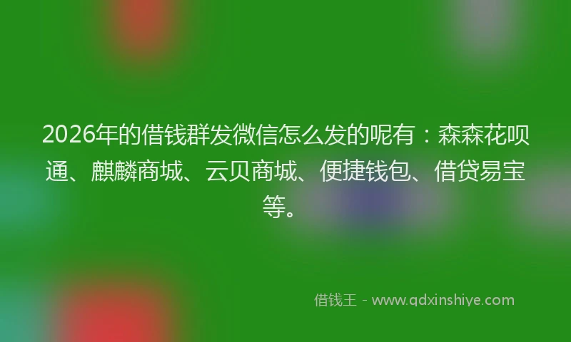 2026年的借钱群发微信怎么发的呢有：森森花呗通、麒麟商城、云贝商城、便捷钱包、借贷易宝等。