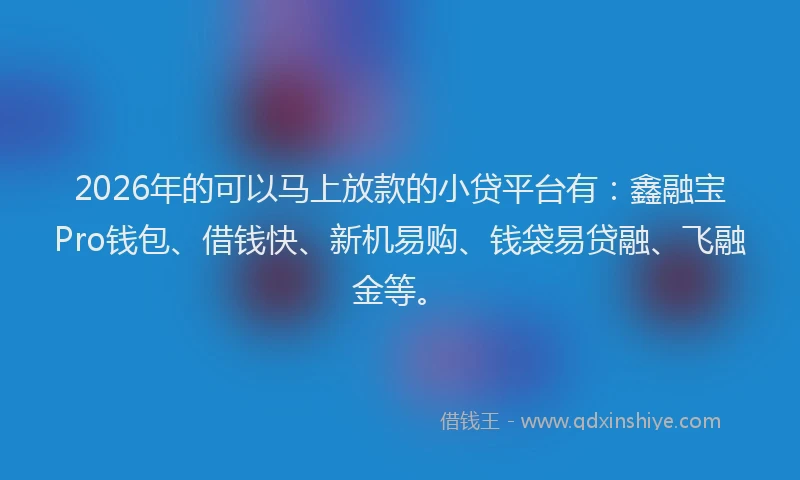 2026年的可以马上放款的小贷平台有:鑫融宝Pro钱包、借钱快、新机易购、钱袋易贷融、飞融金等。