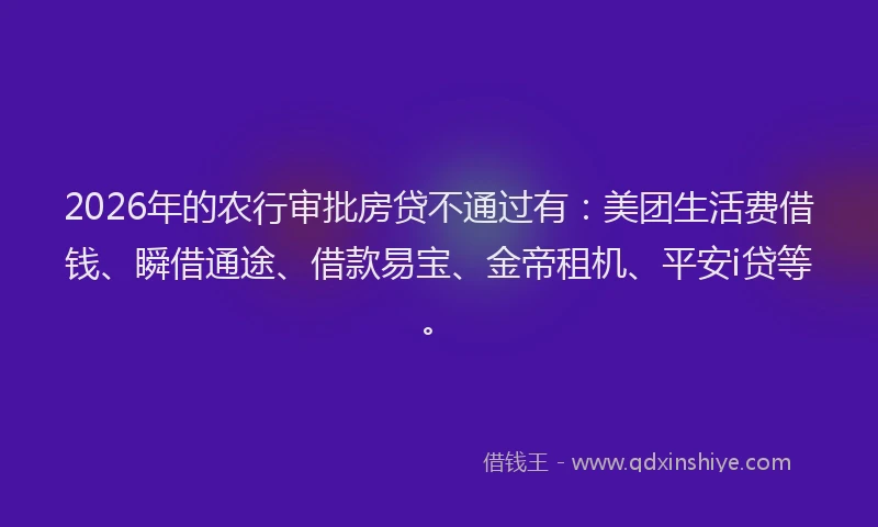2026年的农行审批房贷不通过有：美团生活费借钱、瞬借通途、借款易宝、金帝租机、平安i贷等。