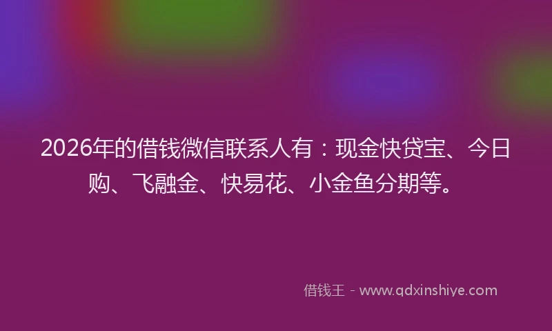 2026年的借钱微信联系人有：现金快贷宝、今日购、飞融金、快易花、小金鱼分期等。