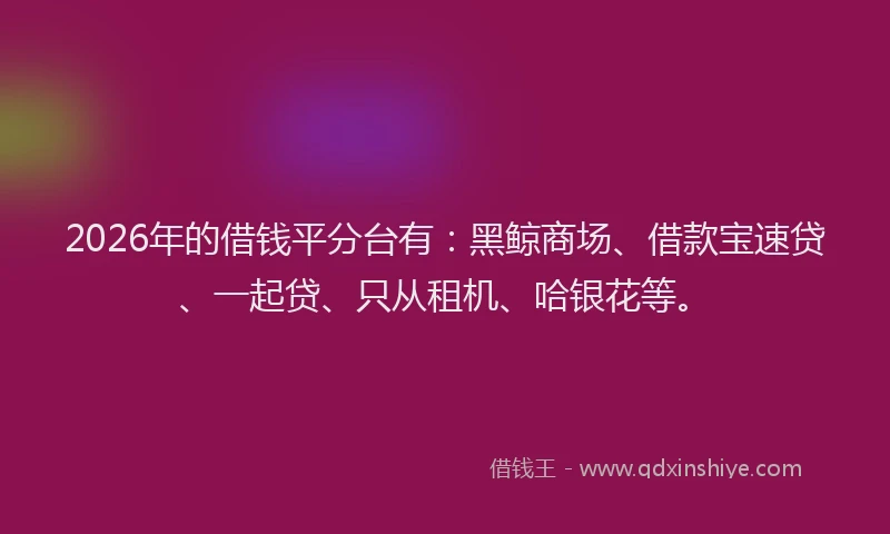 2026年的借钱平分台有:黑鲸商场、借款宝速贷、一起贷、只从租机、哈银花等。