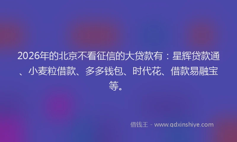 2026年的北京不看征信的大贷款有:星辉贷款通、小麦粒借款、多多钱包、时代花、借款易融宝等。