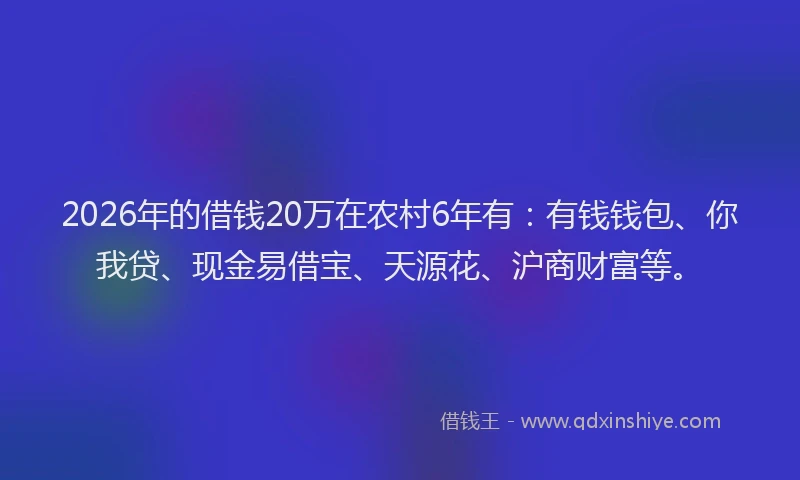 2026年的借钱20万在农村6年有:有钱钱包、你我贷、现金易借宝、天源花、沪商财富等。