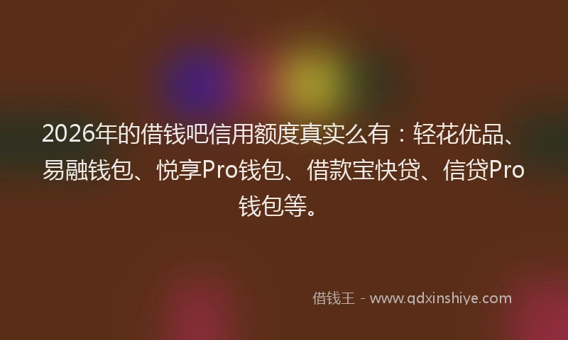 2026年的借钱吧信用额度真实么有:轻花优品、易融钱包、悦享Pro钱包、借款宝快贷、信贷Pro钱包等。