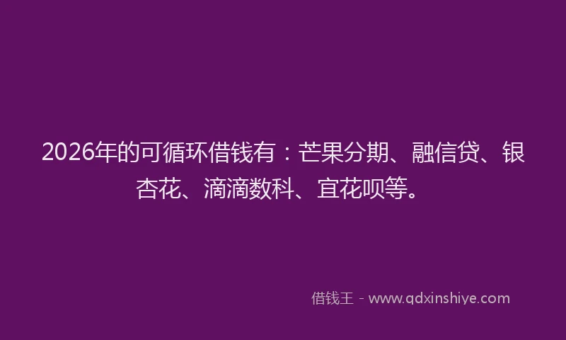 2026年的可循环借钱有：芒果分期、融信贷、银杏花、滴滴数科、宜花呗等。