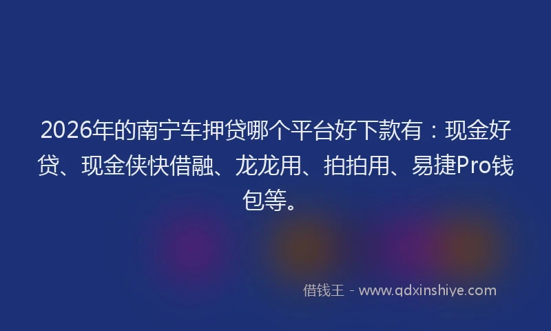 2026年的南宁车押贷哪个平台好下款有:现金好贷、现金侠快借融、龙龙用、拍拍用、易捷Pro钱包等。
