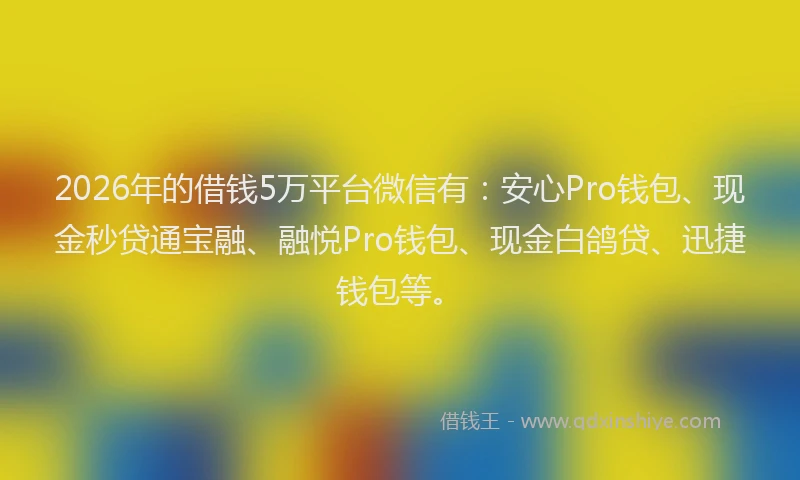2026年的借钱5万平台微信有:安心Pro钱包、现金秒贷通宝融、融悦Pro钱包、现金白鸽贷、迅捷钱包等。