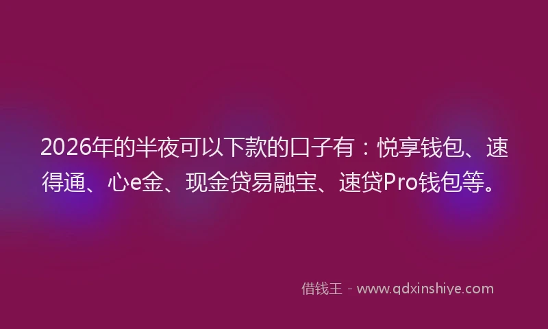2026年的半夜可以下款的口子有:悦享钱包、速得通、心e金、现金贷易融宝、速贷Pro钱包等。