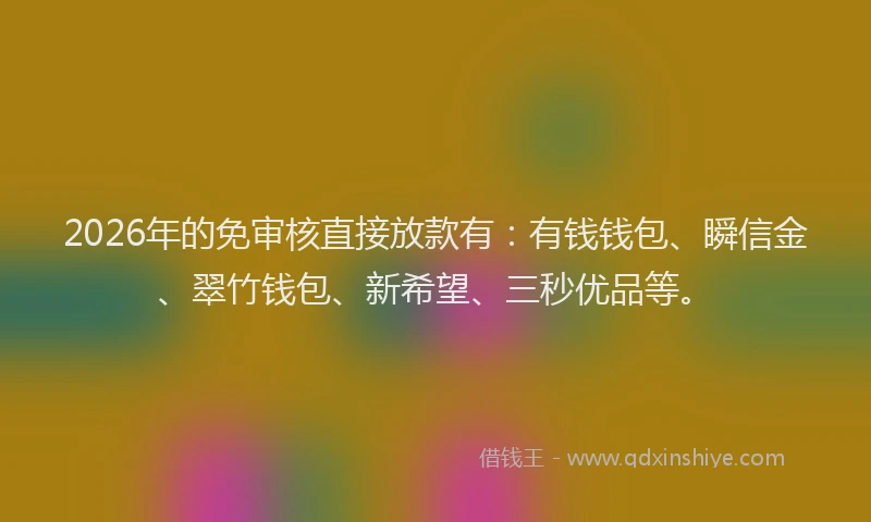 2026年的免审核直接放款有：有钱钱包、瞬信金、翠竹钱包、新希望、三秒优品等。