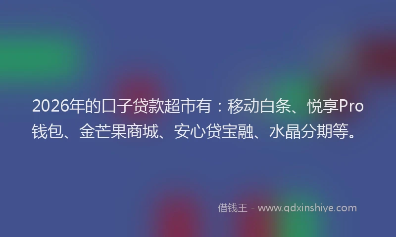 2026年的口子贷款超市有:移动白条、悦享Pro钱包、金芒果商城、安心贷宝融、水晶分期等。