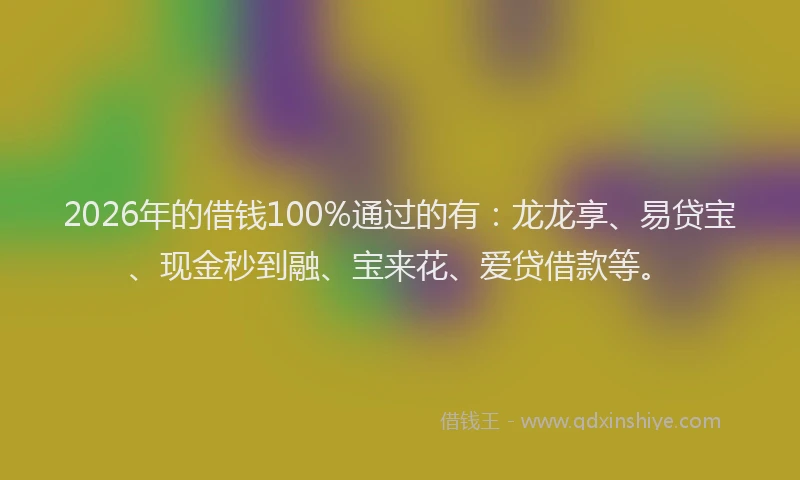 2026年的借钱100%通过的有：龙龙享、易贷宝、现金秒到融、宝来花、爱贷借款等。