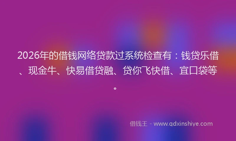2026年的借钱网络贷款过系统检查有：钱贷乐借、现金牛、快易借贷融、贷你飞快借、宜口袋等。
