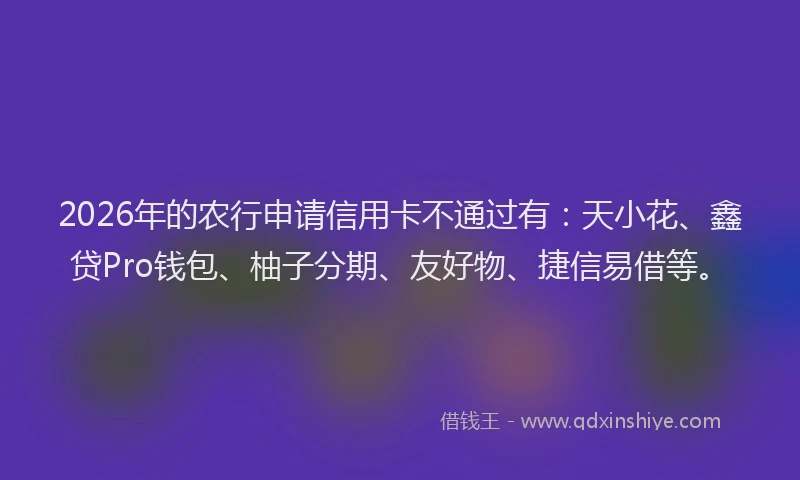 2026年的农行申请信用卡不通过有：天小花、鑫贷Pro钱包、柚子分期、友好物、捷信易借等。