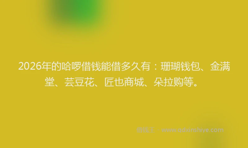 2026年的哈啰借钱能借多久有:珊瑚钱包、金满堂、芸豆花、匠也商城、朵拉购等。