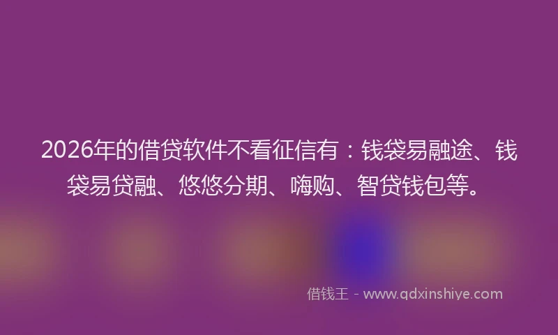2026年的借贷软件不看征信有：钱袋易融途、钱袋易贷融、悠悠分期、嗨购、智贷钱包等。