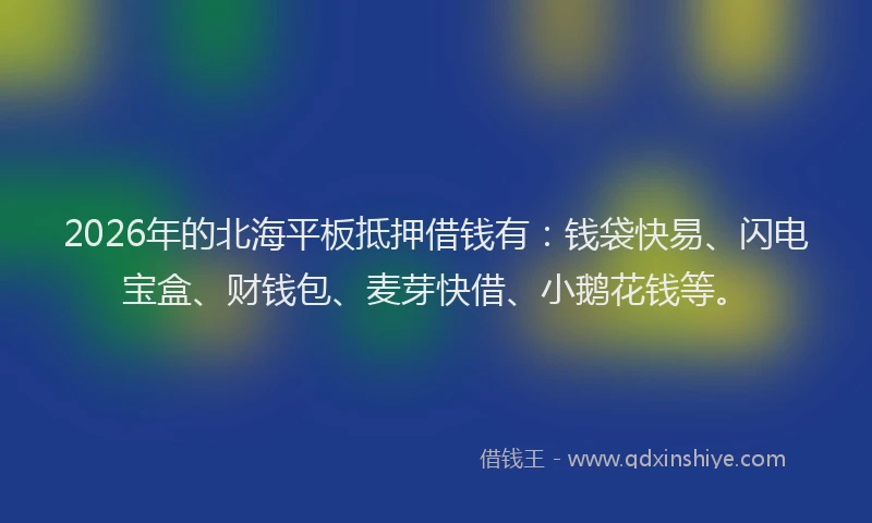 2026年的北海平板抵押借钱有：钱袋快易、闪电宝盒、财钱包、麦芽快借、小鹅花钱等。