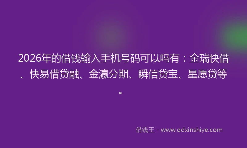 2026年的借钱输入手机号码可以吗有：金瑞快借、快易借贷融、金瀛分期、瞬信贷宝、星愿贷等。