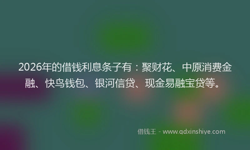 2026年的借钱利息条子有:聚财花、中原消费金融、快鸟钱包、银河信贷、现金易融宝贷等。