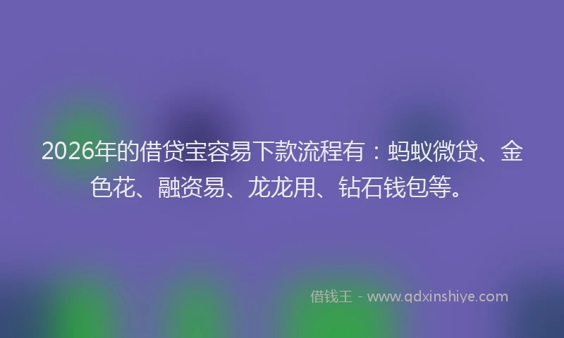 2026年的借贷宝容易下款流程有：蚂蚁微贷、金色花、融资易、龙龙用、钻石钱包等。