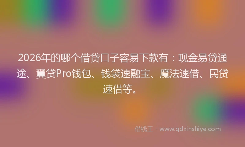 2026年的哪个借贷口子容易下款有：现金易贷通途、翼贷Pro钱包、钱袋速融宝、魔法速借、民贷速借等。