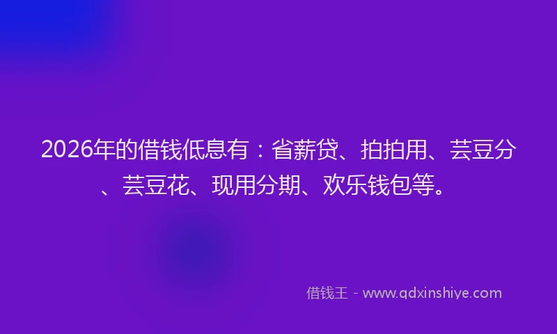 2026年的借钱低息有:省薪贷、拍拍用、芸豆分、芸豆花、现用分期、欢乐钱包等。