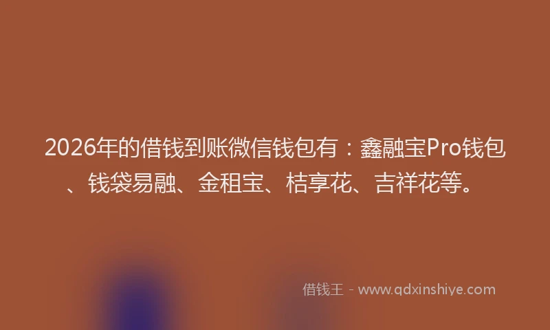 2026年的借钱到账微信钱包有:鑫融宝Pro钱包、钱袋易融、金租宝、桔享花、吉祥花等。