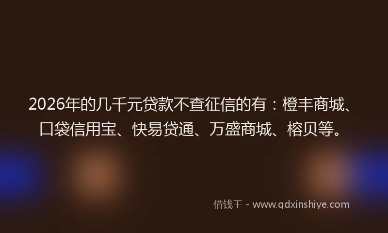 2026年的几千元贷款不查征信的有：橙丰商城、口袋信用宝、快易贷通、万盛商城、榕贝等。