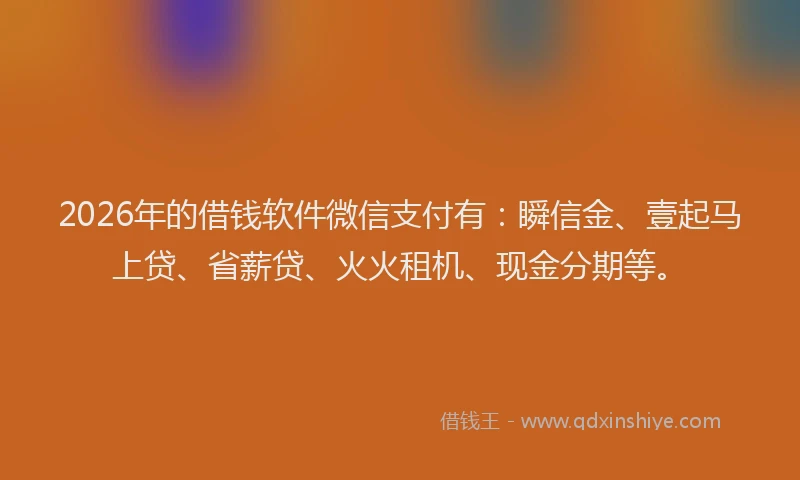 2026年的借钱软件微信支付有：瞬信金、壹起马上贷、省薪贷、火火租机、现金分期等。