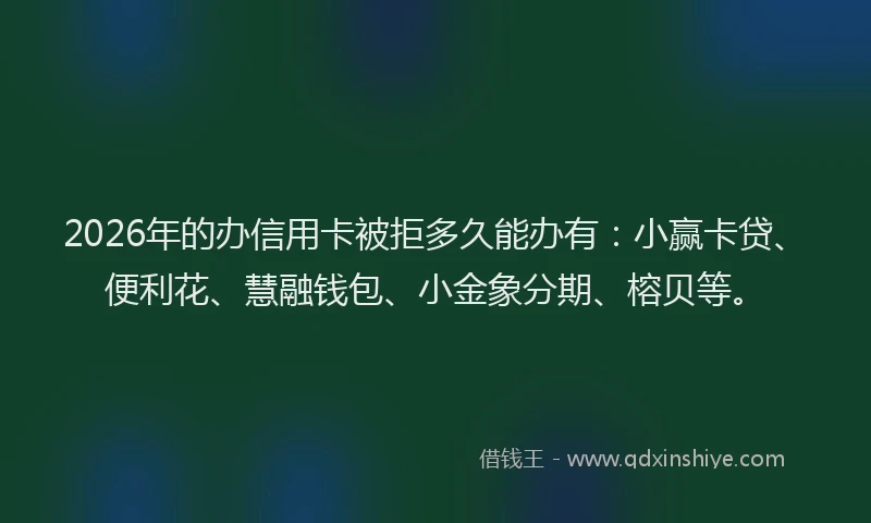 2026年的办信用卡被拒多久能办有：小赢卡贷、便利花、慧融钱包、小金象分期、榕贝等。
